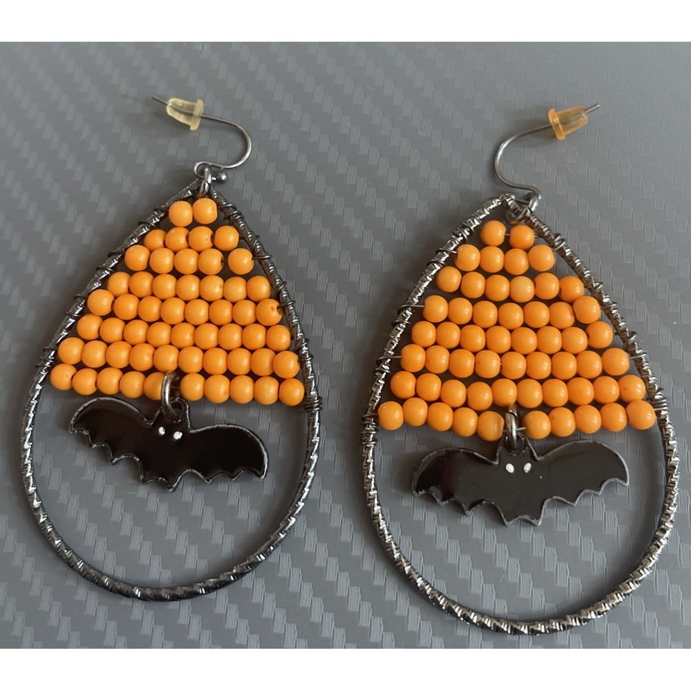 Bat Beaded Earrings Large Halloween Spooky Orange Jewelry